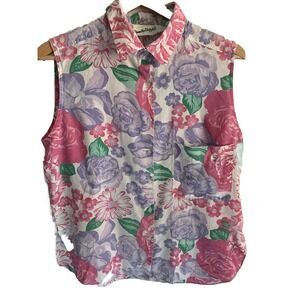 Floral Sleeveless Button Up Shirt Blouse Women's Pink Purple White